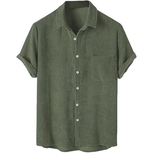 Chemise manches courtes velours côtelé homme col cranté décontractée