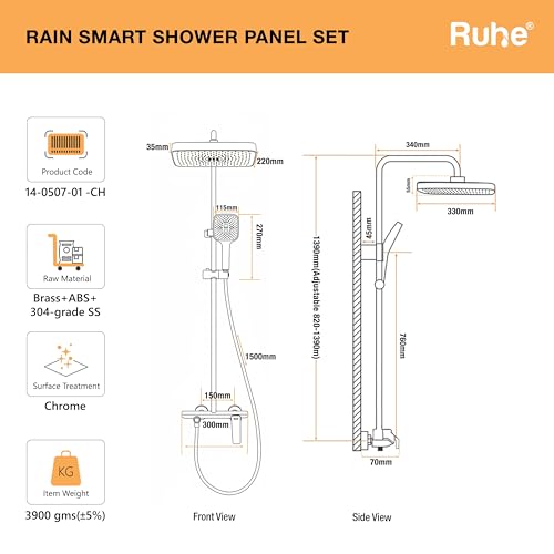 Image of Ruhe Rain Smart Shower Panel Set, Triple Flow Functions, Wall-Mount Chrome Finish | Adjustable Height Shower Panel | Includes Overhead Shower, Triple Flow Hand Shower with Installation Accessories