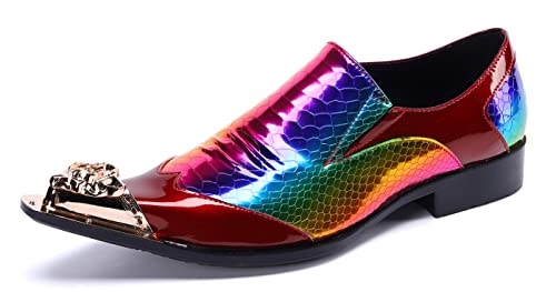 Santimon Mens Metal-Cap Formal Shoes Rainbow Snake Pattern Leather Composite Stitched Details Dress Party Prom Loafers for Men2