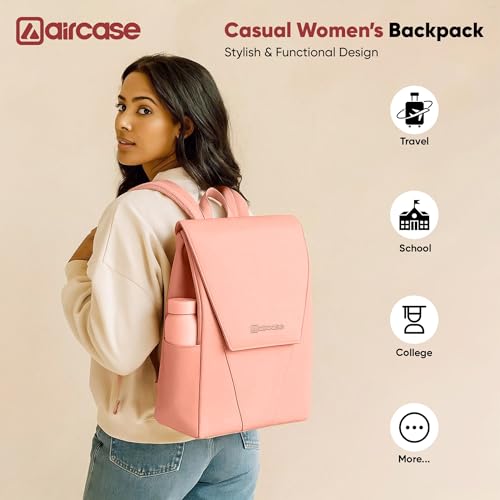 Image of AirCase Canvas Laptop Backpack for Women with Multiple Pockets, Padded Straps, 13L Capacity, Lightweight, Water-Resistant Bag for Travel, College, Office Use, Supports Laptops Up to 14.1 Inch (Pink)