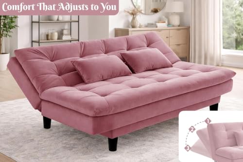 Image of Velvet 3-Seater Futon Sofa Bed with Tufted Sleeper Couch with Adjustable Backrest- Living Room Furniture-Rose-Pink-Color