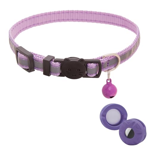 Image of Airtag Cat Collar Breakaway,Safety Kitten Collar with Apple Airtag Holder,Reflective GPS Cat Collar with Bell,Lightweigh Tracker Cat Collars for Girl Boy Cats,Kittens and Puppies (Purple Reflective)