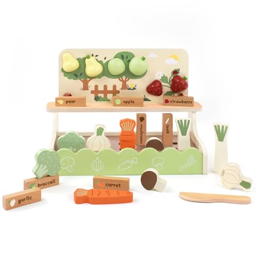 Little Log Set di Giocattoli da Giardino in Legno, Giocattolo per Alimentari in Legno, Accessori da Cucina per Bambini, Gioco di Ruolo, Frutta e Verdura