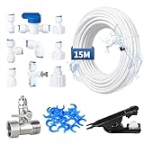 EFUTURETIME 15M Kit de Tuyau d’Alimentation en Eau 1/4' Universel, 11pcs Ro Raccord de Filtre à Eau avec Vanne Arrêt, Coupe-Tube pour Frigo Americain Glacon et Eau, Osmoseur Réfrigérateur Aquarium