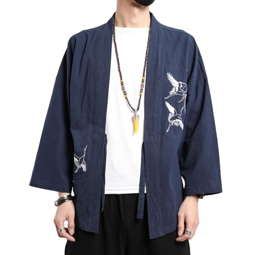 Image of Men's Japanese Kimono Cardigan Loose Cotton Linen 3 /4 Sleeve Open Front Casual Summer Shirt Jackets