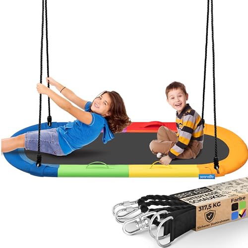 SereneLife Netschaukel, Hängeschaukel Oval, Schaukel mit 170cm Durchmesser, Swing bis 320kg belastbar, Kinderschaukel mit 120-160cm verstellbarem Seil, Inkl. Aufhängeset, Wasserfest, Regenbogenfarben