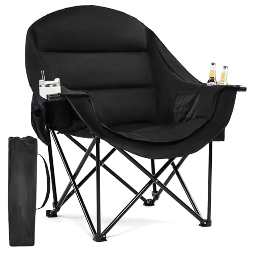 Oversized Camping Chairs for Adults - Heavy Duty Padded Outdoor Folding Lawn XL Camp Chair with Cup Holder Cooler Pockets for Outside Sports Beach Fishing Garden Portable Supports 500lbs, AllBlack