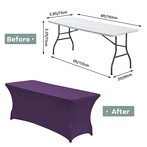 Image of CWK 6FT Waterproof Stretch Spandex Table Cover for Rectangular Tables - Elastic Fitted Tablecloth for Folding Tables,Wrinkle Resistant Table Cloth for Parties, Weddings, Banquets & Events (Dark Puple)
