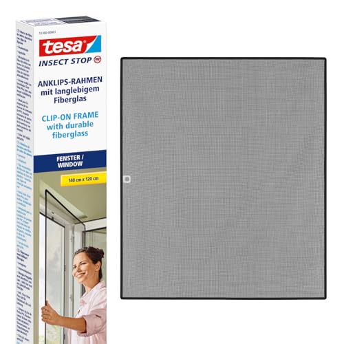 tesa Insect Stop Anklips-Rahmen Fliegengitter für Fenster - für PVC-Fenster - zuschneidbarer Rahmen, Netz aus Fiberglas, Selbstklebende Halte-Klips - 1,2 x 1,4 m - Anthrazit (Durchsichtig)