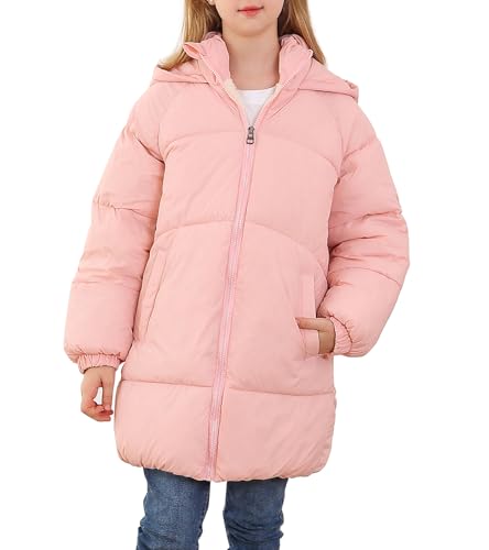 UNIFACO Girls Winter Coats Hooded Puffer Jackets Medium Length Down-like Cotton Coats Snow Outwear 5-12Y