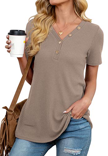 ANIXAY Womens Waffle Knit Tunic Tops Short Sleeve Loose Fitting Daily Casual Button Up Basic Henley Tops Khaki-X-Large
