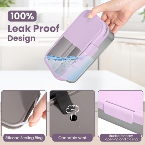 Image of JSLOVE Stainless Steel Lunch Bento Box for Adult, 30oz Leak-Proof Lunch Container, Stainless Metal Kid Bento Box with Adjustable Divider, Sauce Container, Microwave, Dishwasher & Freezer Safe(Purple)