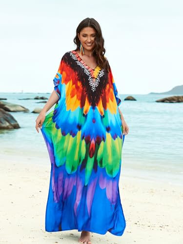 Image of sunforyou Kaftan Dresses for Women Plus Size Lightweight Swimsuit Cover up Batwing Sleeve Print Loungewear Beach Robe
