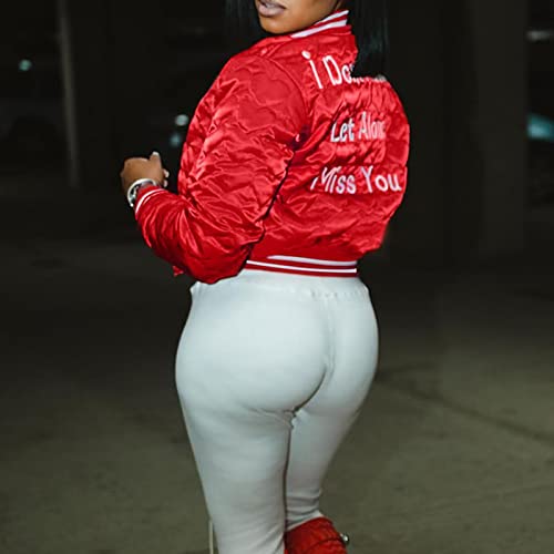 Women's Baseball Varsity Jacket Cropped Bomber Quilted Jackets Sweatshirt Vintage Casual Lightweight Crop Top Aesthetic Coat Red #TOP2