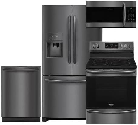 Frigidaire Black Stainless Steel Kitchen Package with FGHB2868TD 36 French Door Refrigerator, FGEF3036TD 30 Electric Range, FGID2466QD 24 Dishwasher and FGMV176NTD 30 Microwave