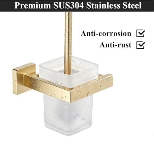 Image of Brushed Gold Toilet Brush and Holder Set, NEWRAIN Wall Mounted Toilet Bowl Brush with Long Handle, Stainless Steel Toilet Brushes for Bathroom-Space Saving