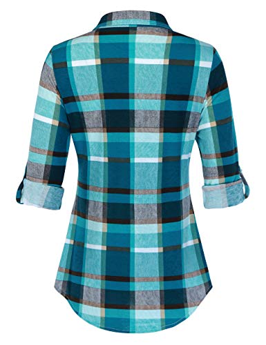 Djt Women's Roll Up Long Sleeve Button Down Plaid Shirt Medium Turquoise #TOP2
