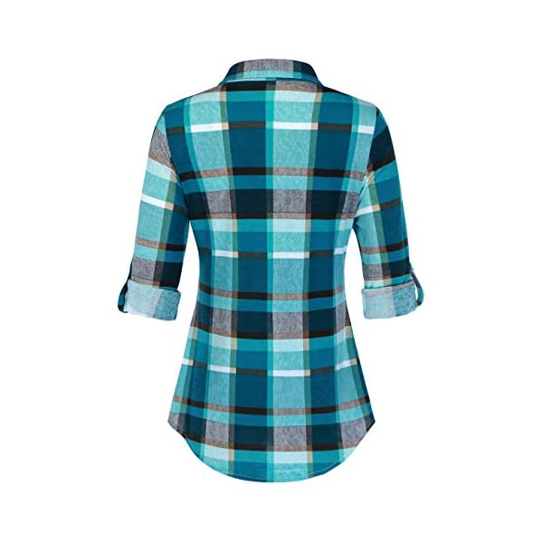 DJT-Womens-Roll-Up-Long-Sleeve-Collared-Button-Down-Plaid-Shirt DJT Women's Long Sleeve Collared Button Down Plaid Shirt Large Turquoise