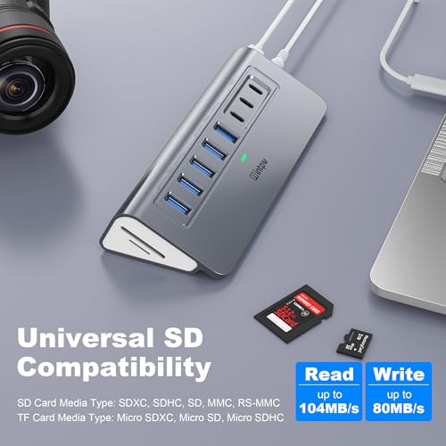 Image of Powered USB Hub 10Gbps, Intpw YH6AC Plus 10 Port USB 3.2 Hub(USB A /USB C 3.2+3 USB-A 3.0+2 PD 45W Fast Charging Port+SD /TF Card Reader), 65W Power Adapter,Aluminum USB HUB for PC,Laptop,iPhone 17 /16