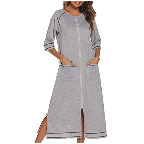 Albornoz de algodón para mujer, bata de baño, ligera, suave, de lujo, con cremallera, longitud completa, cómoda ropa de descanso, gris, M