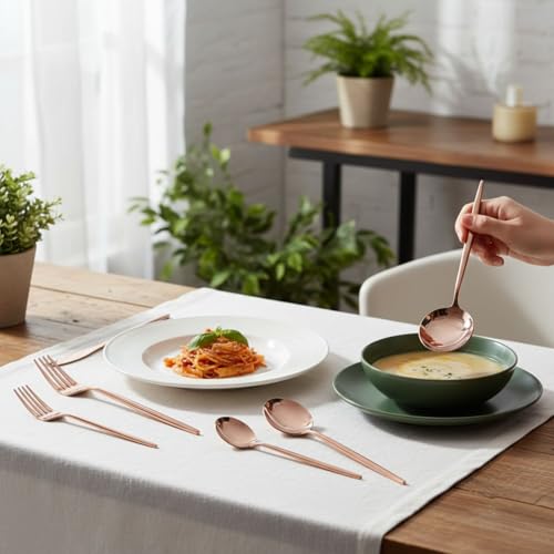 Image of Slim Handle Rose Gold 20 Pcs Stainless Steel Cutlery Set for Dining Table, Dishwasher Safe Glossy Flatware (4 Spoon Set+4 Forks Set+4 Butter Knife+4 Dessert Spoon+ 4 Fruit Fork)