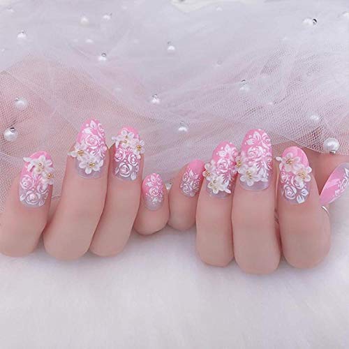 TJJF 24 Stück/Set Hochzeit Nageldekoration Falsche Nägel Für Braut Klar Rosa 3D Geschnitzte Blumen Designs Finger Fake…