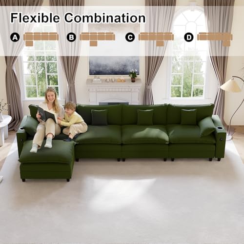 Image of KCGKCG 152 inch Modular Sectional Sofa, L Shaped Cloud Couch with Movable Ottoman, Chenille Deep Seat Cloud Sofa with Charging Station, Cup Holder, Side Pocket, Sectional Couches for Living Room, Green