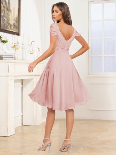 Short Bridesmaid Dresses Off The Shoulder Black Knee Length Ruched Chiffon Wedding Guest Party Dress2