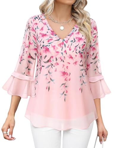 Bebonnie Womens Dressy Casual Tops Ruffle 3/4 Sleeve V Neck Floral Chiffon Blouses