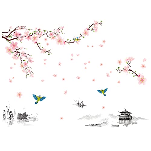 Drwssr New Chinese Style Ink Peach Wall Decal Pavilion Boat Flying Bird Wall Art Mural Diy Detachable Peel And Stick Landscape Wall Sticker For Living Room Bedroom Porch Tv Background Wall Home Decoration #TOP7