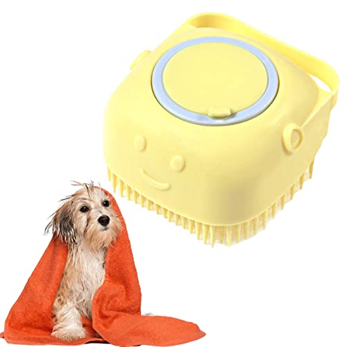 Dog Bath Brush with Soap Dispenser - Pet Bath Brush,Dog Shampoo Brush,Pet Bath Brushes for Dogs,Dog Scrubber for Hair Grooming Shower Bathing Cleaning Massage,Silicone,Yellow - YAWALL