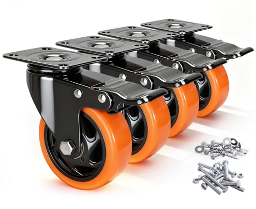 Caster Wheels, 4 Inch Caster Set of 4, Dual Locking PU Casters 2400LB, Swivel Casters for Furniture,...