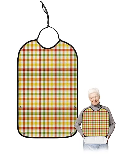 Farmhouse Lattice Plaid Adult Bib for Eating with Crumb Catcher,Washable & Waterproof Terry Cloth Adjustable Elderly Women Men Adult Bibs Funny Clothing Protector Thanksgiving Fall Orange Green Yellow