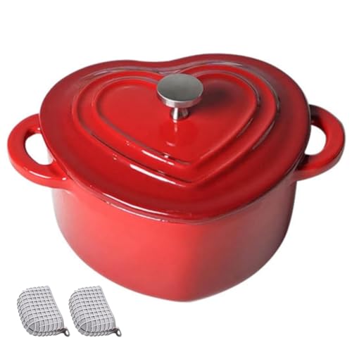 DYHQQ Enamel Cast Iron Dutch Oven 500ML Heart-Shaped Dutch Oven Pot with Lid And Dual Handles Silicone Accessories Included Works on All Stovetops Oven Safe To 500°F,Red