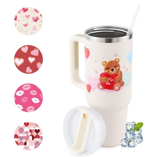 PIMDIR Gifts For Women 40oz Tumbler With Handle Straw Lid, Insulated Stainless Steel Vacuum Reusable Coffee Mug Travel Cup Keep Cold, Birthday Gifts for Her Lovers Wife Bestie, White Heart Bear