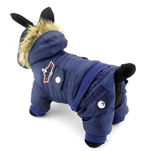 Ranphy Waterproof Dog Snowsuit Jumpsuit Hoodie Winter Coat Pet Fleece Lined Clothes Puppy Cotton Padded Outfit Cold Weather Hooded Airman Jacket Warm Cat Clothes Chihuahua Parka Girls Boys Blue M - Thumbnail 4