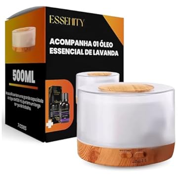 Difusor Elétrico Ultrassônico e 1 Óleo Essencial Lavanda 100% Puro 10 Ml - Umidificador De Ar Purificador De Ambientes, Ideal Para Escritório, Quarto, Sala Led 500 Ml (Madeira Clara) - ESSENITY