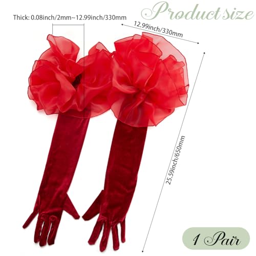 Dark Red Opera Party Gloves Long Vintage Soft Satin Velvet Costume Formal with Polyester Ruffle Tulle Cuff Elbow Length Arm Sleeves Glove for Women Prom Banquet Dancing Dress Gift2