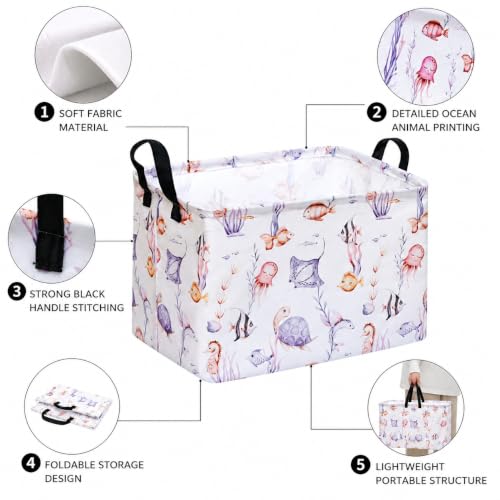 Image of Rectangular Water plants Seahorses Storage Basket with Handles, Hamper Storage Basket Collapsible Organizer Bin for Home and Kitchen Storage