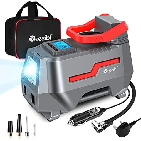 Reesibi 240V Tyre Inflator Air Compressor, Tyre Inflator Mains Powered 240V AC and 12V DC Dual Power, Air Compressor Tyre Pump for Car Bikes Balls, Max 150PSI/10,3Bar Toolkit and Adaptor kit includedd Cover