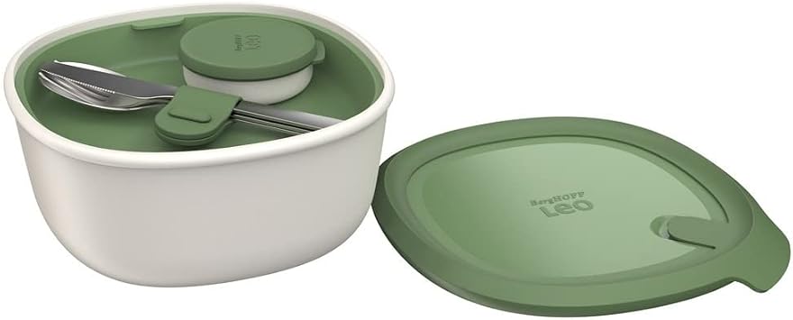 Berghoff LEO Leakproof Salad Lunch Box With Cutlery & Dressing Cup | BPA Free Salad Bowl Set With Lid, 7.75 x 7.75 x 3.75 Inches Covered Bowl Set, Microwave & Freezer Safe, White & Green