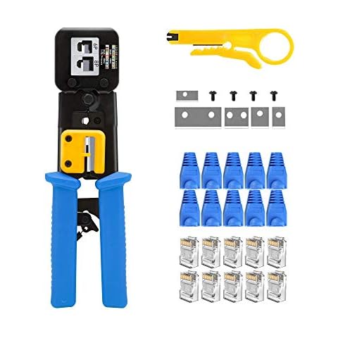 MAYLINE Crimper RJ45 CAT5e/CAT6 Network Crimp Cutter Tool, RJ11/RJ12 Ethernet Crimping Cable Tester Stripper for Passthrough and Legacy Connector(Blue) Cover