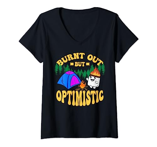 Burnt Out But Optimistic Smores Lover Camping Camper Gift V-Neck T-Shirt