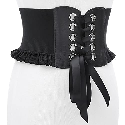 Womens Lace-up Corset Cinch Waistband Waspie Elastic Waist Belt Retro Tied Wide Belt Vintage Bandage Elasticity Girdle Wrap for Girls Halloween Costume – Black YS0014