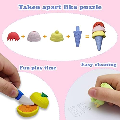 42Pcs Animal Fruit Bag Pencil Dessert Erasers Bulk Kids Take Apart Food Puzzle Eraser Toys Pull Apart Fun Erasers for Party Favors, Classroom Rewards Prizes, Carnival Gifts and School Supplies