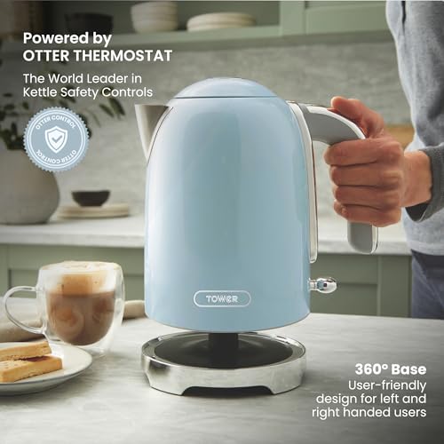 Image of Tower Premium Solace Electric Kettle 1.7L, 1350W | Full Metal Body, Rapid Boil in 45 Seconds, Auto Shut-Off, Boil-Dry Protection, 360 Power Base, Water Level Indicator, 2 Year Warranty (Blue)