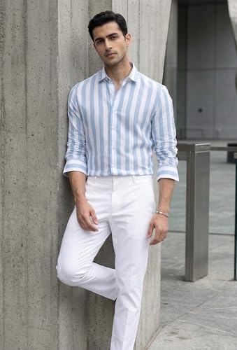 Image of IndoPrimo Men's Striped Cotton Shirt | Slim Fit Stylish Casual Shirt for Man | Full Sleeve Summer Wear Vertical Stripe Shirt for Office, Vacation