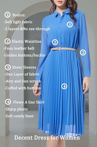 Image of Business Casual Shirt Dress for Women Long Sleeves Pleated Midi Dresses with Belt