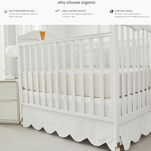 Image of Brandream Scallop Edge Organic Cotton Crib Skirt, Baby Boy, Baby Girl, Gender Neutral Crib Skirt Toddler Bedskirt Farmhouse Chic Nursery Crib Bed Skirt, Boho Bohemian Solid Cream White Skirt