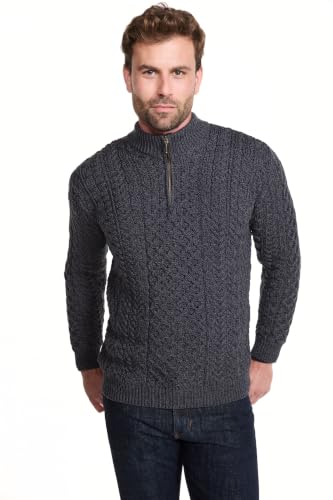 Aran Woollen Mills Merinowolle Irischer Aran Pullover mit Reißverschluss für Herren (Holzkohle, XL)